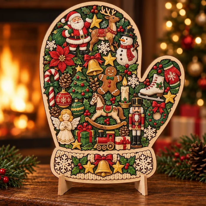 Gloves Christmas wooden puzzle-inspired decorative ornament on tabletop stand
