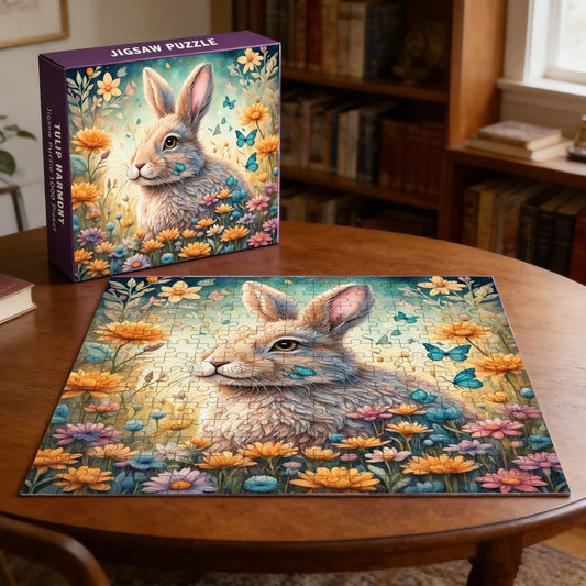 Rabbit Among Butterflies And Flowers | 1000-Piece Wooden Jigsaw Puzzle