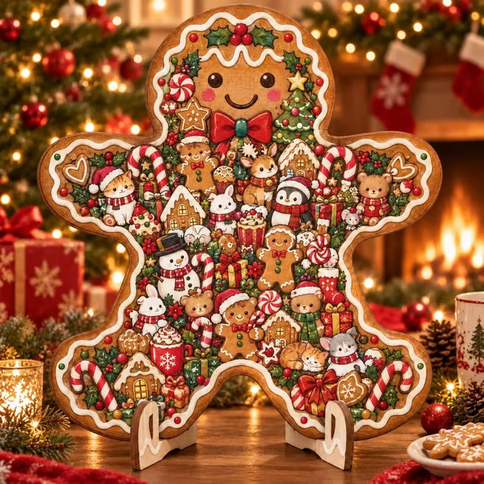 Gingerbread Christmas wooden puzzle-inspired decorative ornament on tabletop stand