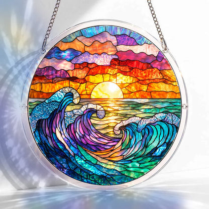 Ocean Waves at Sunset Acrylic Jigsaw Puzzle Suncatcher