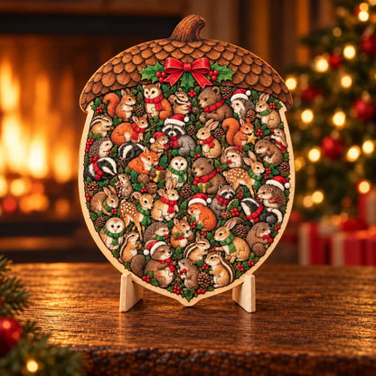 Pine Cone Christmas wooden puzzle-inspired decorative ornament on tabletop stand