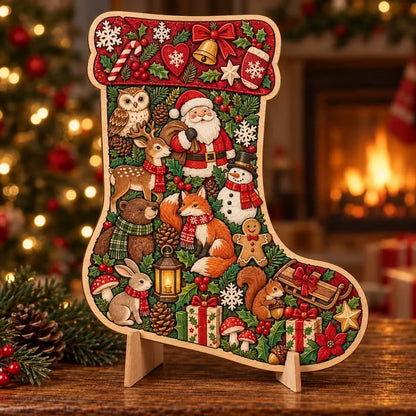 Christmas Stocking Christmas wooden puzzle-inspired decorative ornament on tabletop stand