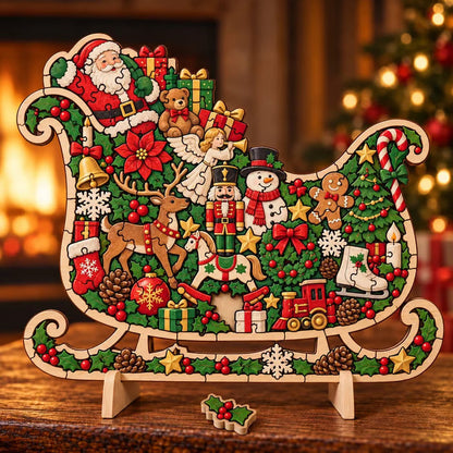 Sled Christmas wooden puzzle-inspired decorative ornament on tabletop stand