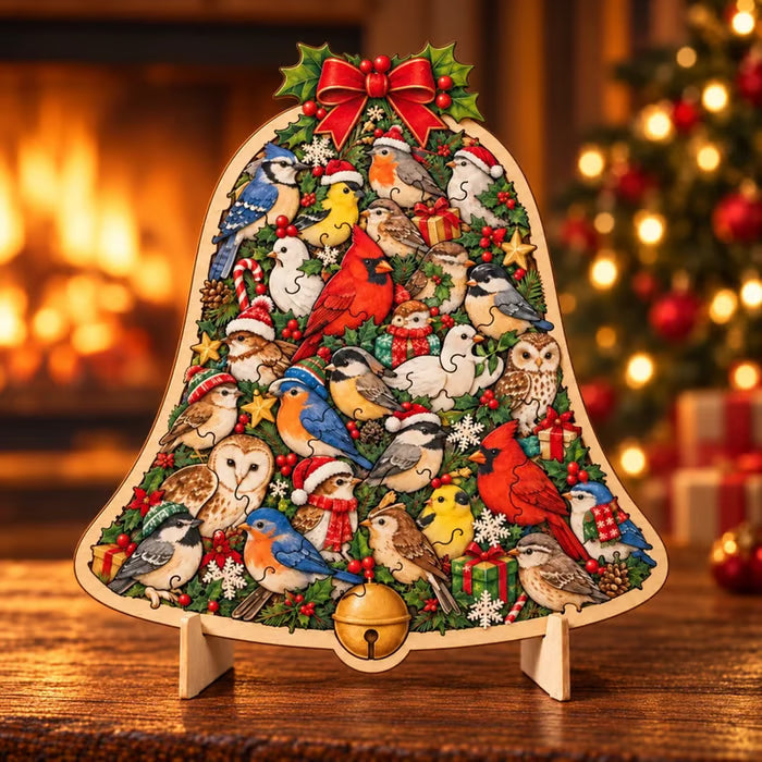 Bell Christmas wooden puzzle-inspired decorative ornament on tabletop stand