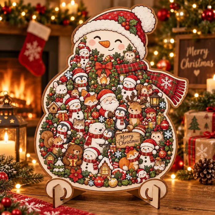 Snowman Christmas wooden puzzle-inspired decorative ornament on tabletop stand
