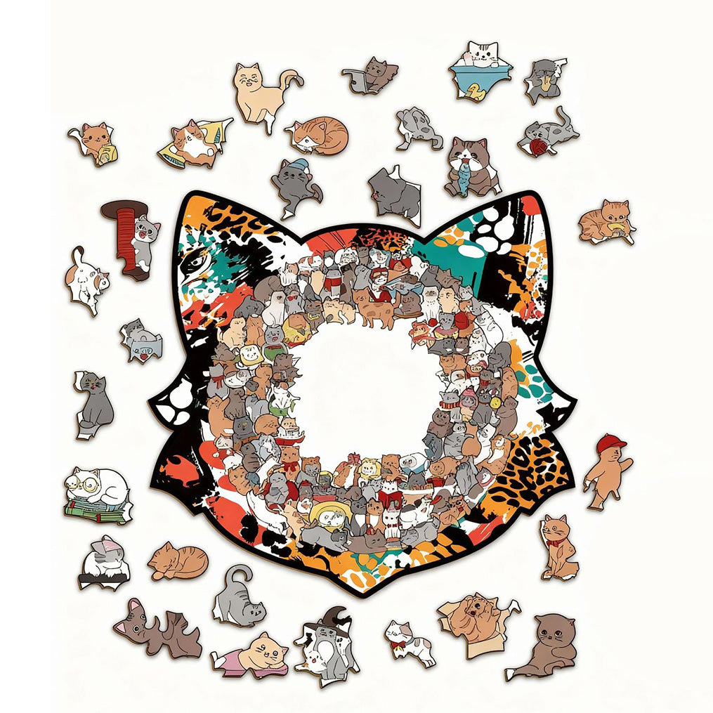 Colorful Cat-Shaped Tray Wooden Jigsaw Puzzle
