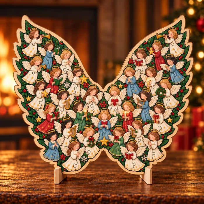 Butterfly Christmas wooden puzzle-inspired decorative ornament on tabletop stand