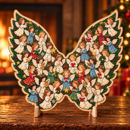 Butterfly Christmas wooden puzzle-inspired decorative ornament on tabletop stand