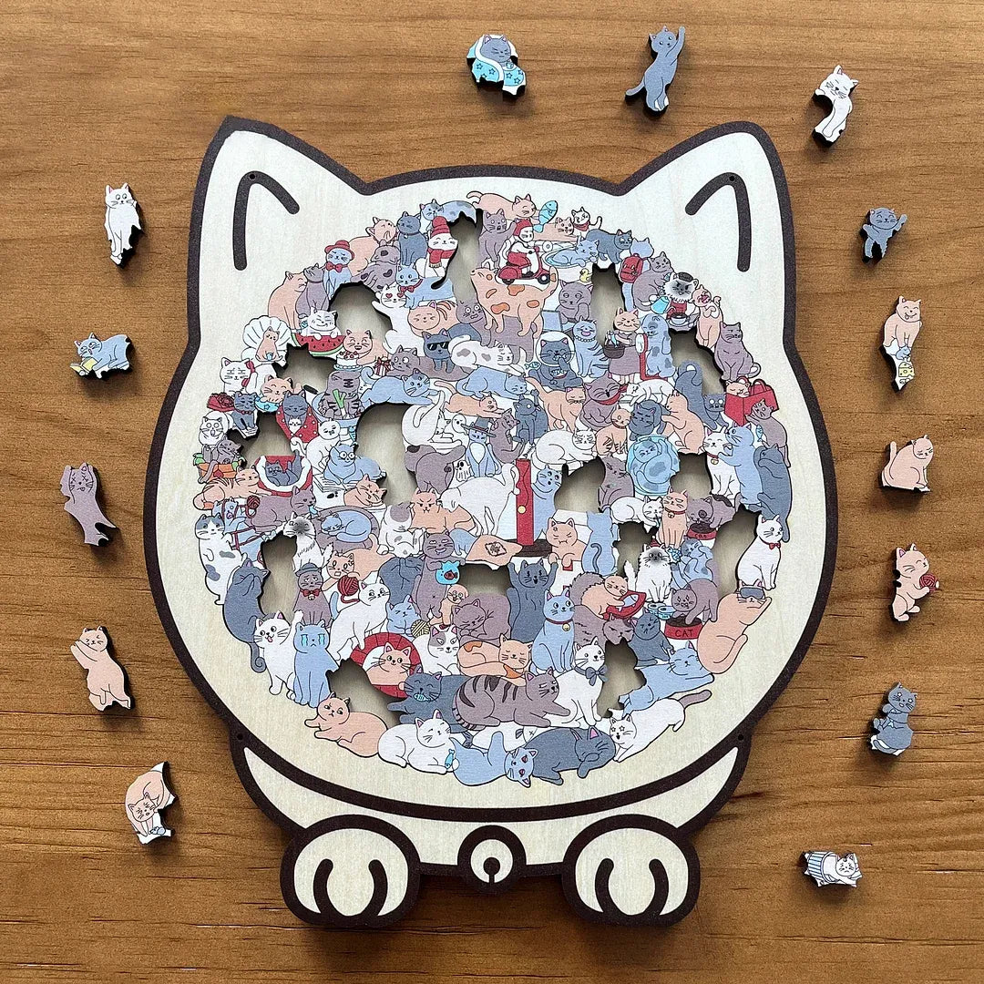 🎁49% OFF🎅135-Piece Morandi-Colored Cat Shaped Tray Wooden Jigsaw Puzzle