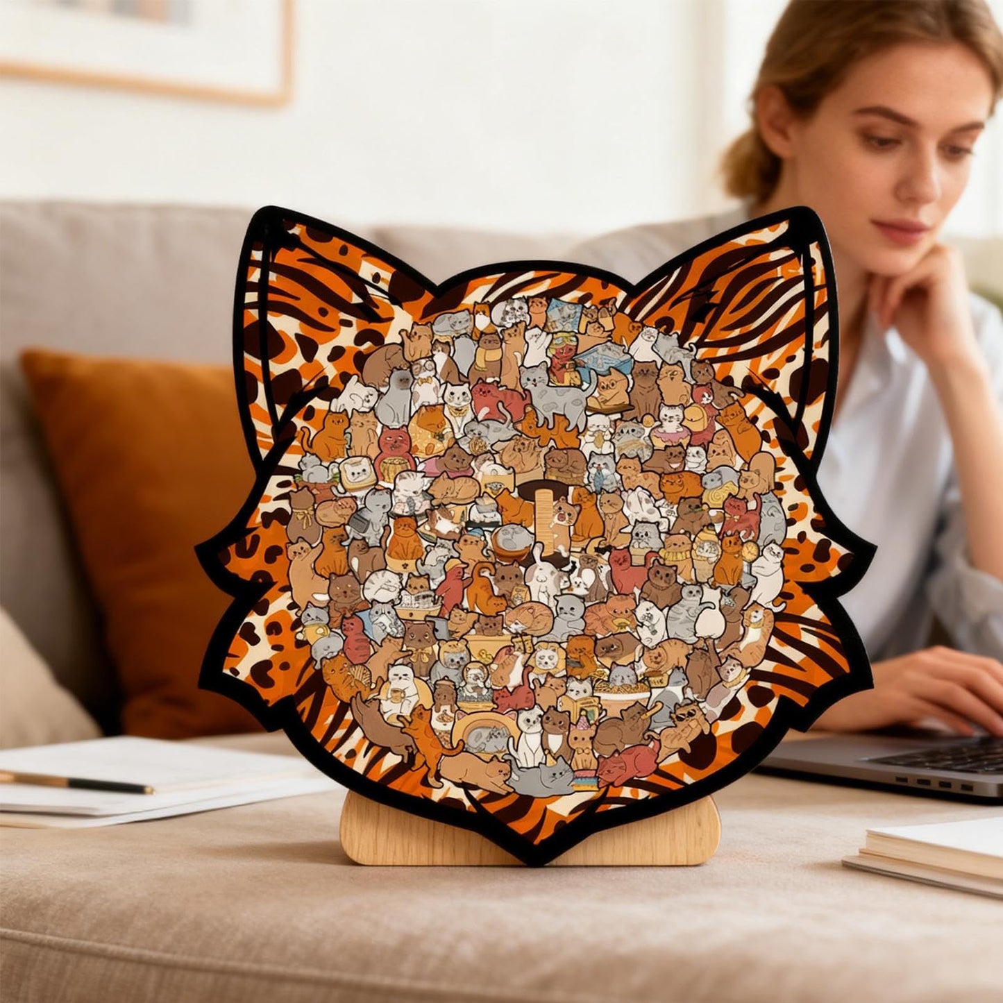 Colorful Cat-Shaped Tray Wooden Jigsaw Puzzle