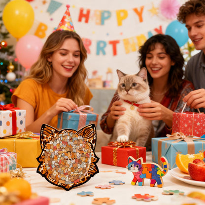 Colorful Cat-Shaped Tray Wooden Jigsaw Puzzle